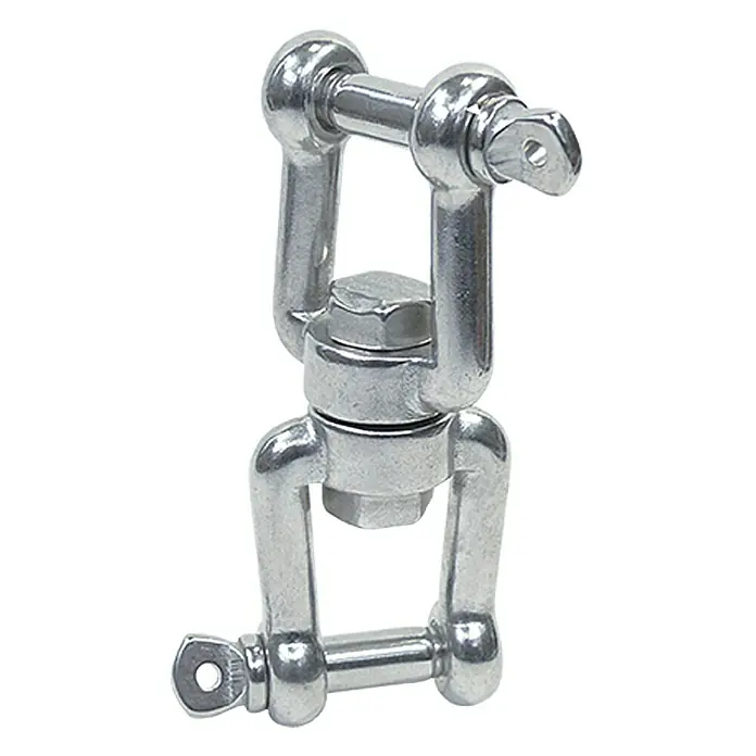 Wirbelschäkel - Durchmesser Bolzen: 6 mm, Bruchlast: 1.130 kg, Gabel-Gabel, Edelstahl, A4 - Ein silberfarbener, hochbelastbarer Drehwirbel mit einer Gewindeschraube für sichere Verbindungen in anspruchsvollen Anwendungen.