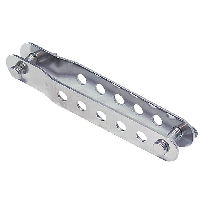 Marinetech Tensor de acero - Largo: 155 mm, Acero inoxidable, A2 - Una horquilla metálica de color plata con agujeros, utilizada para conectar componentes, con pernos en ambos extremos.