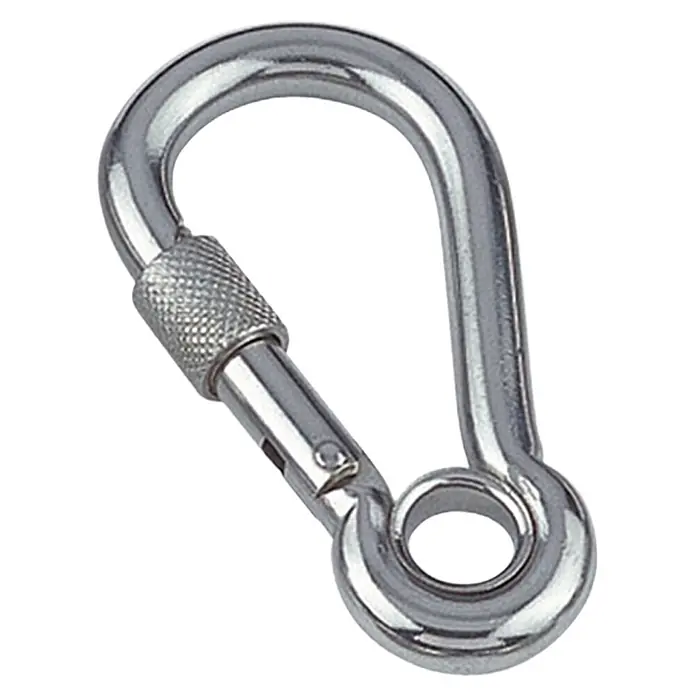Karabinerhaken mit Sicherheitsmutter und Kausche - Ø x L: 16 x 100 mm, Bruchlast: 850 kg, Edelstahl, A4 - Diagonale Ansicht