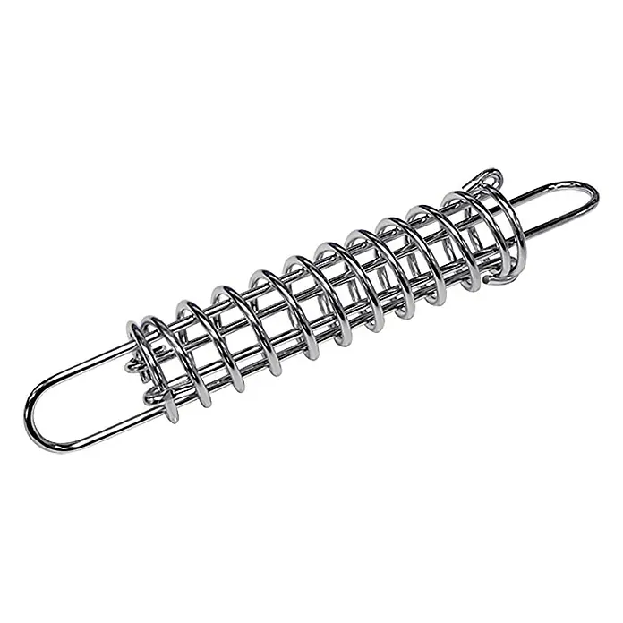 Feder - Durchmesser: 5 mm, Länge: 270 mm, Stahl, A2 - Eine Nahaufnahme einer glänzenden, silberfarbenen Köderspirale mit Drahtschlaufen an beiden Enden.