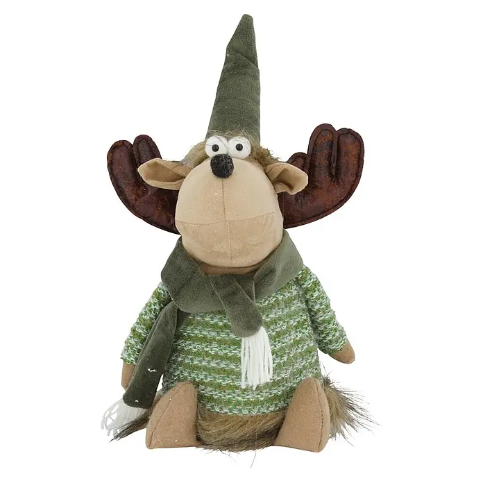 Figura decorativa navideña Reno sentado - 16 x 16 x 32 cm, Textil, Verde - Reno/alce de peluche navideño con suéter de punto verde, bufanda y gorro puntiagudo.