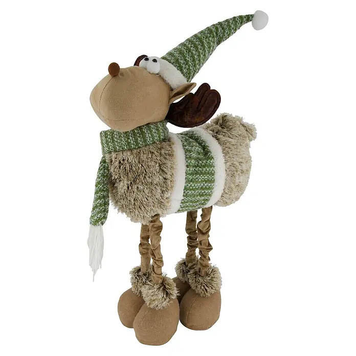 Figura decorativa navideña Reno con patas largas - 38 x 20 x 75 cm, Textil, Verde - Peluche de reno festivo con gorro y bufanda a rayas verdes, cuerpo peludo y patas marrones suaves.