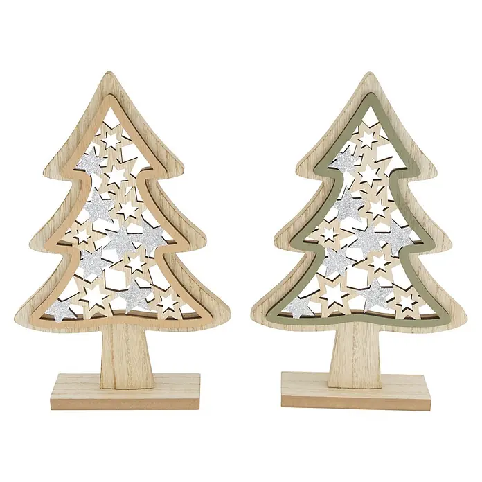 Figura decorativa navideña Árbol con estrellas - 19 x 4,5 x 29,5 cm, Materiales naturales, Natural - Dos decoraciones de árbol de Navidad de madera con recortes de estrellas y detalles de purpurina plateada, una de madera natural y otra verde.