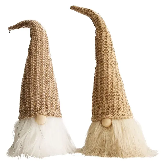 Gnomo de navidad - L x An x Al: 7 x 7 x 23 cm, Poliéster, Marrón/Blanco - Dos gnomos decorativos con gorros de punto beige, narices de madera y barbas de piel sintética blanca.