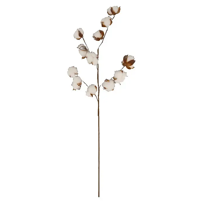Rama artificial de algodón - 77 cm, Plástico - Rama decorativa de algodón con capullos de algodón blancos y tallos marrones naturales.