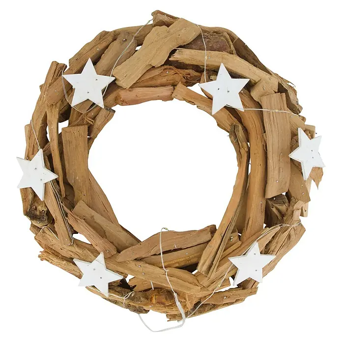 Corona de Adviento ramos con luces de estrella - 28 x 6 cm, Marrón, Madera - Corona de madera flotante con estrellas blancas y luces.