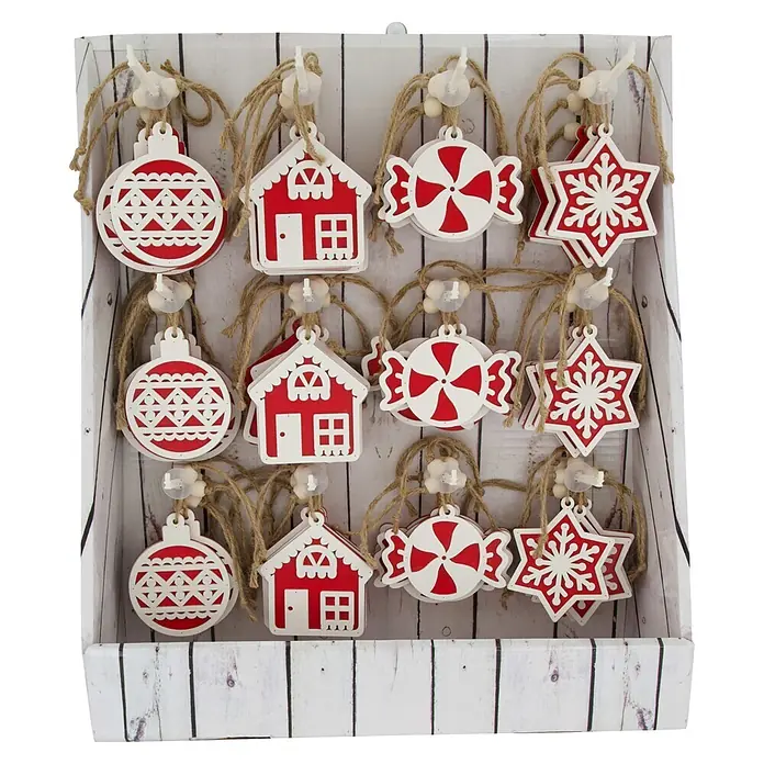 Adornos del árbol de Navidad Figuras de Navidad - Rojo/Blanco, Madera, 1 ud., 10 x 2 x 10 cm - Adornos navideños de madera rojos y blancos (bolas, casas, caramelos, estrellas) con cuerdas de yute, presentados en una caja blanca.