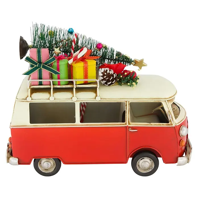 Figura decorativa navideña Van con árbol - 28 x 14 x 20 cm, Metal, Rojo/Blanco - Furgoneta camper miniatura de metal roja y blanca, decorada con árbol de Navidad y regalos en el techo, ideal para decoración festiva.