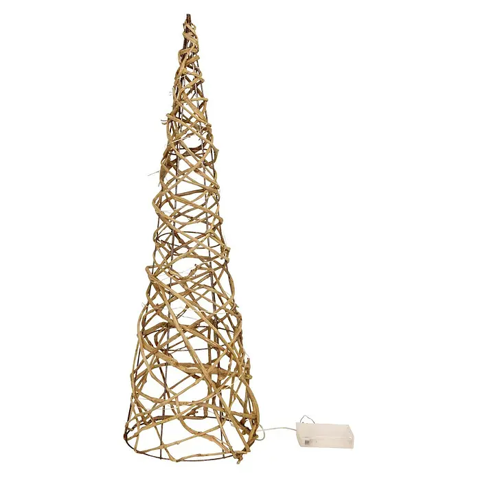 Figura decorativa navideña Árbol de ratán con luces LED - 18 x 18 x 58 cm, Materiales naturales, Marrón - Árbol cónico decorativo, tejido con ramas de color marrón claro alrededor de una estructura metálica, con un paquete de baterías blanco.