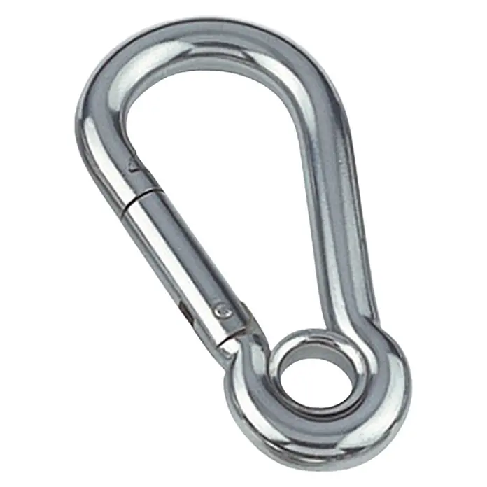 Marinetech Karabinerhaken - Mit Kausche, Durchmesser: 5 mm, Länge: 50 mm, Edelstahl, A4, Poliert - Ein glänzender Karabinerhaken mit Auge aus Edelstahl, ideal für verschiedene Befestigungszwecke und Lasten bis 150 kg.