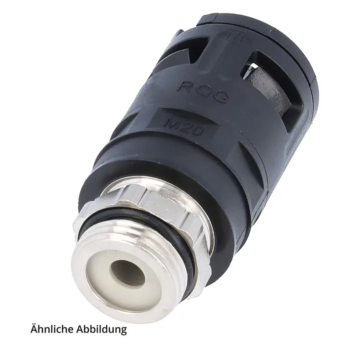FLEXA RQGKZP-M Schnellverschraubung gerade Gewinde M63x1,5 für [DUP-11261] -  - Schwarze Kunststoff-Kabelverschraubung mit silbernem M20-Gewindeanschluss. Mit RQG-Beschriftung.