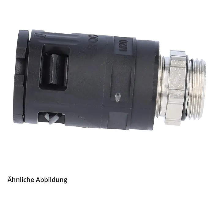 FLEXA RQGKZP-M Schnellverschraubung gerade Gewinde M63x1,5 für [DUP-11261] -  - Ein schwarzer Kunststoff-Wellrohrverbinder mit angeschlossener M20-Metallkabelverschraubung.