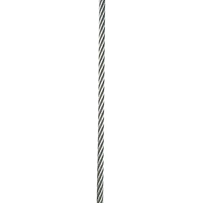 Drahtseil Meterware - Durchmesser: 2 mm, Edelstahl, 7 x 19 Geflecht - Aufnahme eines Drahtseils mit diagonal verlaufenden Windungen. Das Drahtseil ist schmal und länglich.