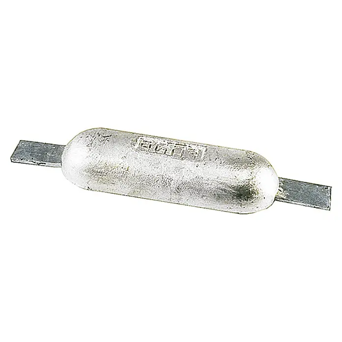Talamex Rumpfanode - Aluminium, 600 g, Süß- & Brackwasser, 110 x 60 x 28 mm, Schweißen - Das Bild zeigt eine Zinkanode mit zwei Halterungen, die zum Schutz vor Korrosion in marinen Umgebungen verwendet wird.