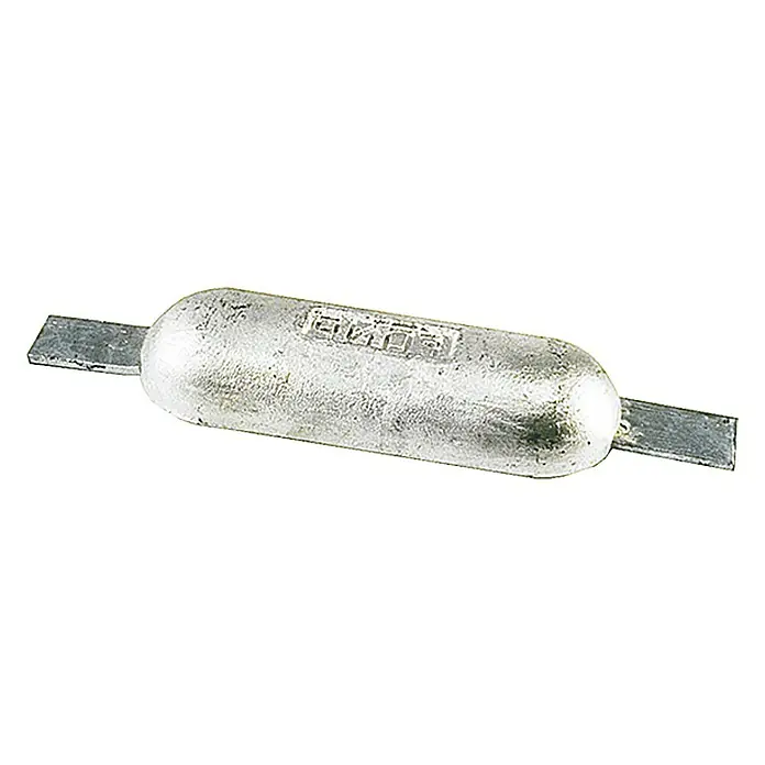 Talamex Rumpfanode - Aluminium, 600 g, Süß- & Brackwasser, 110 x 60 x 28 mm, Schweißen - Das Bild zeigt eine Zinkanode mit zwei Halterungen, die zum Schutz vor Korrosion in marinen Umgebungen verwendet wird.