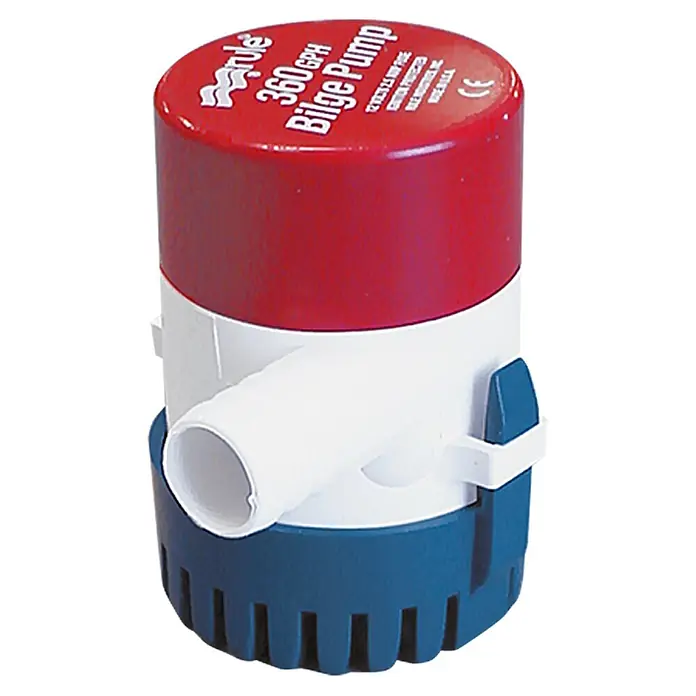 Rule Bomba de achique 360 24 - 1.362 l/h, Altura de transporte: 2 m, 12 V, 2,1 A - Una bomba de achique Rule 360 GPH compacta roja, blanca y azul para barcos. Ideal para bombear agua de sentina.