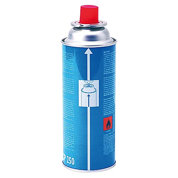 Campingaz Ventilkartusche CP 250 - 450 ml - Eine blaue Gaskartusche mit roter Kappe, beschriftet mit Anweisungen und Warnhinweisen, für Campingkocher oder ähnliche Geräte.