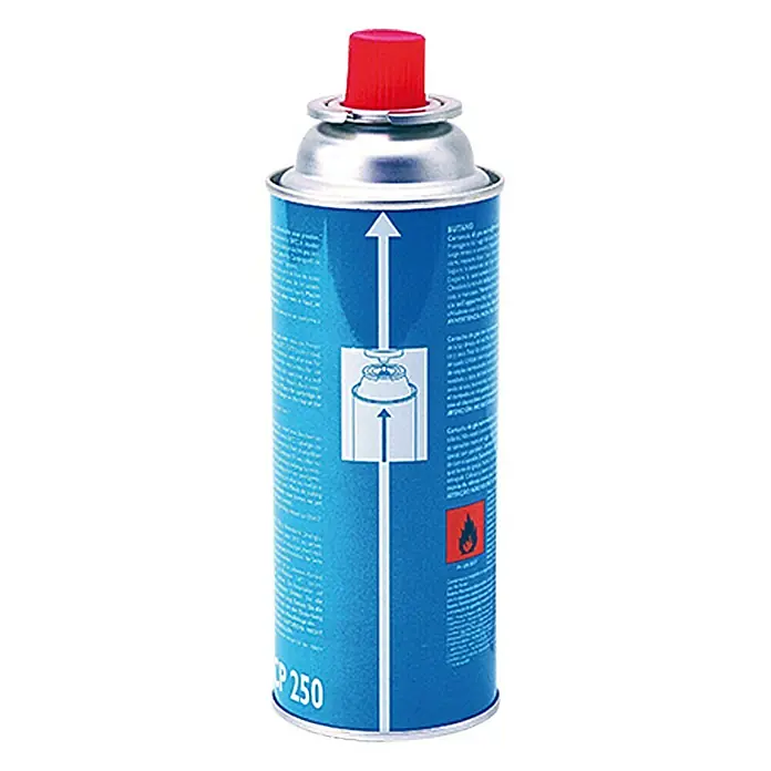 Campingaz Ventilkartusche CP 250 - 450 ml - Eine blaue Gaskartusche mit roter Kappe, beschriftet mit Anweisungen und Warnhinweisen, für Campingkocher oder ähnliche Geräte.