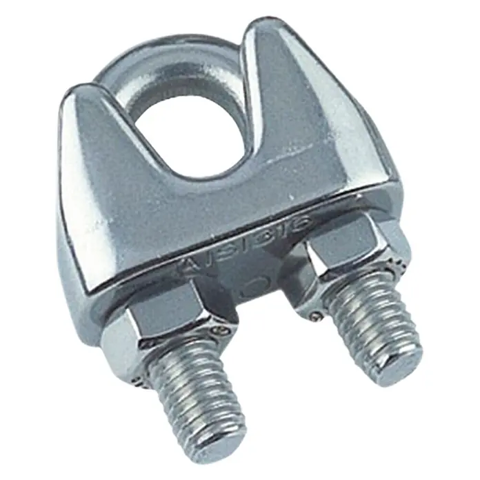 Marinetech Drahtseilklemme - Seildurchmesser: 6 mm, Gewinde: M5, A4 Stahl, 1 Stk., Silber - Nahaufnahme einer Drahtseilklemme aus Edelstahl, die für sichere Kabelverbindungen sorgt.