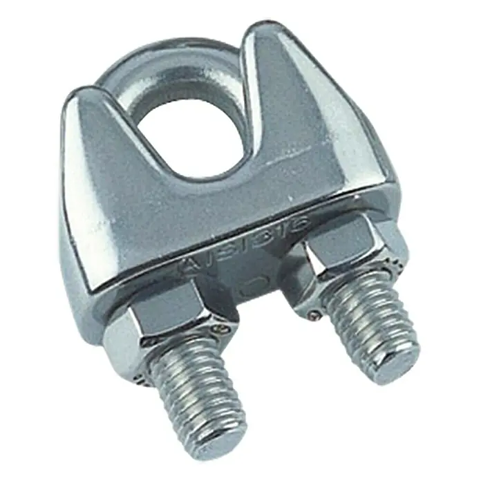 Marinetech Drahtseilklemme - Seildurchmesser: 6 mm, Gewinde: M5, A4 Stahl, 1 Stk., Silber - Nahaufnahme einer Drahtseilklemme aus Edelstahl, die für sichere Kabelverbindungen sorgt.