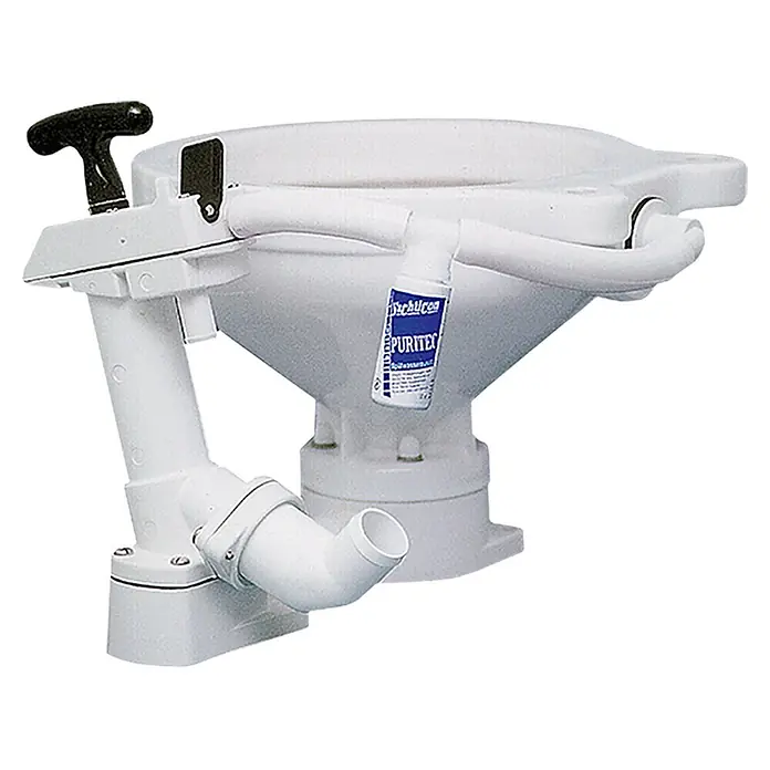 Yachticon Spülwasserzusatz Purytec-Set - 100 ml - Weißes manuelles Marinetoilette mit schwarzem Pumphebel, Schlauch und kleiner blauer Flasche.