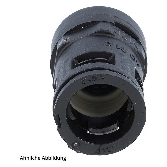 FLEXA RQGKZE-M Schnellverschraubung gerade Gewinde M25x1,5 für | 21,2 -  - Schwarze Kunststoff-Kabelverschraubung für Schutzrohre, mit M20 Gewinde und AD21.2 Kennzeichnung, von der Öffnung aus gesehen.
