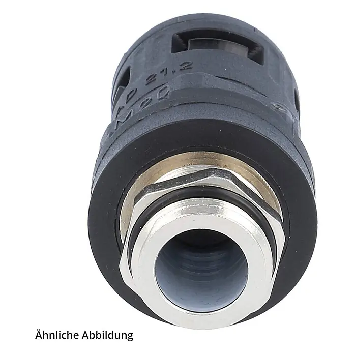FLEXA RQGKZE-M Schnellverschraubung gerade Gewinde M25x1,5 für | 21,2 -  - Dunkelgraue Kabelverschraubung mit silberner Metallmutter und schwarzer Dichtung, zur Kabelsicherung.