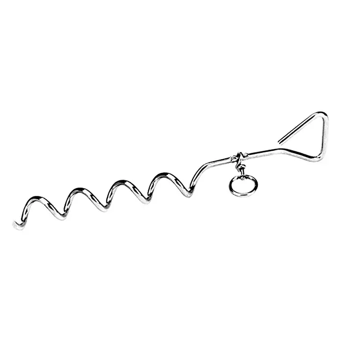 Bodenanker - Länge: 420 mm, Edelstahl - Ein silberfarbiger, spiralförmiger Erdnagel mit Griff und Ring, ideal für Camping oder Outdoor-Aktivitäten.