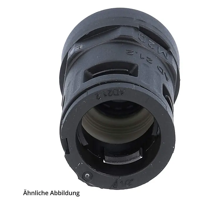 FLEXA RQGKZE-M Schnellverschraubung gerade Gewinde M25x1,5 für | 21,2 -  - Schwarzer Kunststoff-Wellrohrverbinder für Elektroinstallationen, M20 und AD21.2 gekennzeichnet.
