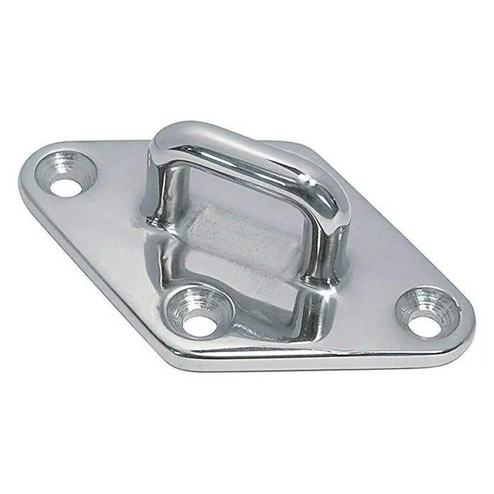 Marinetech Decksplatte - 80 x 50 mm, Edelstahl, A4 - Eine Nahaufnahme einer glänzenden, rechteckigen Edelstahl-Zurröse mit vier Befestigungslöchern.
