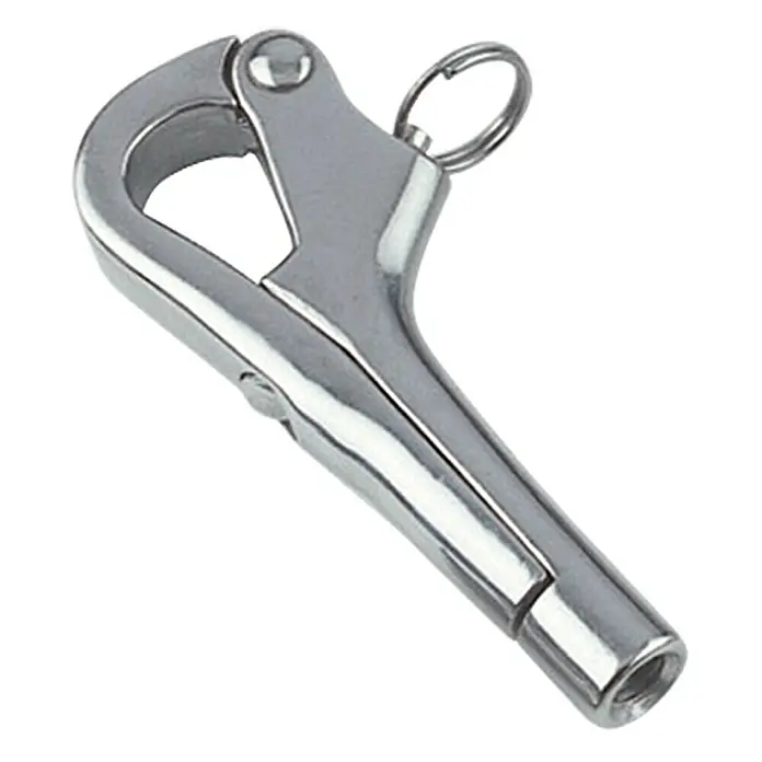 Pelikanhaken - Durchmesser: 27 mm, Mit Gewinde, Edelstahl, A4 - Ein silberfarbener, drehbarer Karabinerhaken mit einem kleinen Ring, ideal für den maritimen Einsatz.