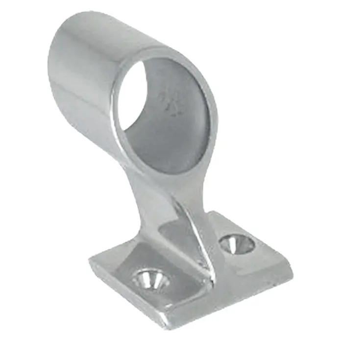 Marinetech Handlaufdurchlass - 25 mm, Höhe: 45 mm, 60 °, Edelstahl, A4 - Ein polierter, silberfarbener Relingträger aus Metall zur sicheren Befestigung von Handläufen und Relingen. Solide Konstruktion für dauerhafte Stabilität.