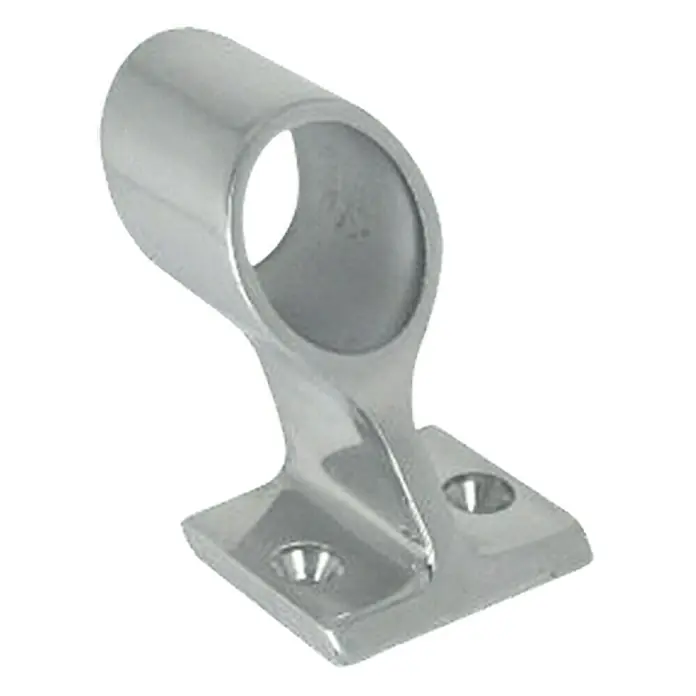 Marinetech Handlaufdurchlass - 22 mm, Höhe: 38 mm, 60 °, Edelstahl, A4 - Ein polierter, silberfarbener Relingträger aus Metall zur sicheren Befestigung von Handläufen und Relingen. Solide Konstruktion für dauerhafte Stabilität.