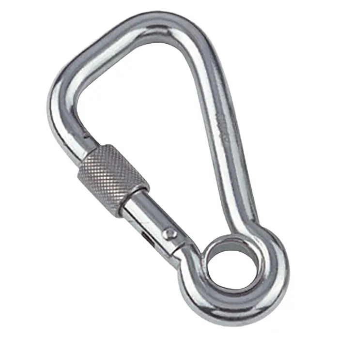 Karabinerhaken mit Sicherheitsmutter und Kausche - Ø x L: 8 x 80 mm, Bruchlast: 640 kg, Edelstahl, A4 - Diagonale Ansicht
