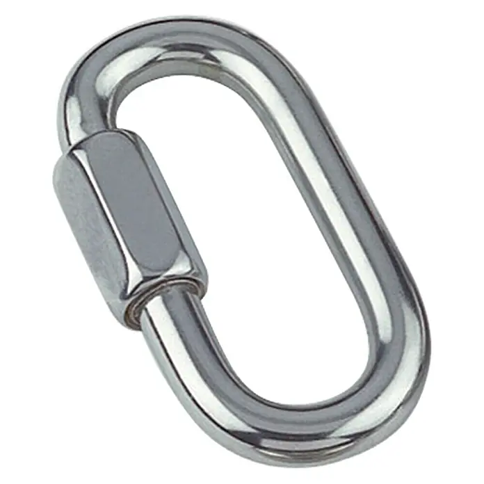 Marinetech Schraubverbinder - Durchmesser: 8 mm, Edelstahl, A4, Silber - Nahaufnahme eines glänzenden, silberfarbenen Schäkelverschlusses mit Schraubglied, ideal für sichere Verbindungen.