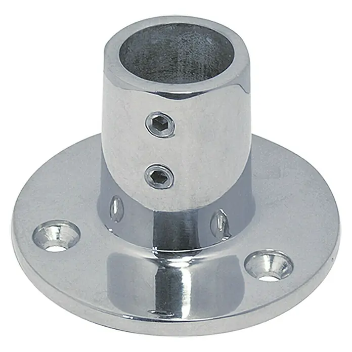 Relingfuß - Neigungswinkel: 90 °, Durchmesser: 22 mm, Edelstahl, A4 - Edelstahl-Rohrverbinder mit runder Basis und zwei Schraubenlöchern zur sicheren Befestigung von Rohren.