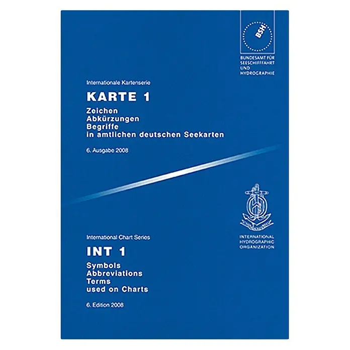 Karte 1/INT 1; Delius Klasing Verlag -  - Titelseite der "Karte 1" (6. Ausgabe 2008) mit Zeichen, Abkürzungen und Begriffen für deutsche Seekarten, herausgegeben vom Bundesamt für Seeschifffahrt und Hydrographie.