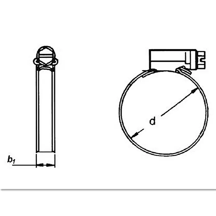 Schlauchschelle - Spannbereich: 35 mm - 50 mm, Edelstahl, A4 - Abbildung einer Schlauchschelle mit den Maßen d und b1, zur Befestigung von Schläuchen und Rohren.