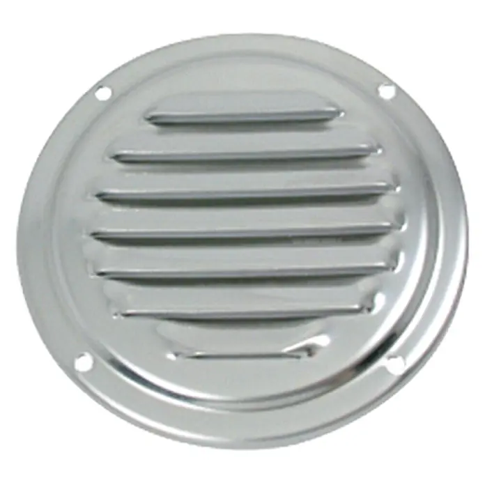 Luftgitter - 100 mm, Edelstahl - Runder, silberner Entlüfter mit horizontalen Schlitzen und Befestigungslöchern.