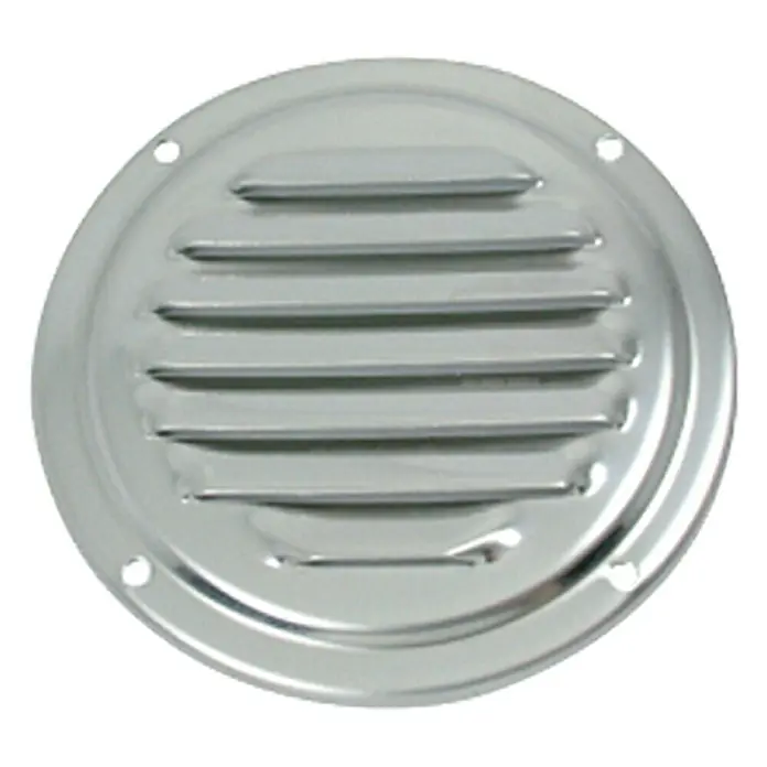 Luftgitter - 100 mm, Edelstahl - Runder, silberner Entlüfter mit horizontalen Schlitzen und Befestigungslöchern.