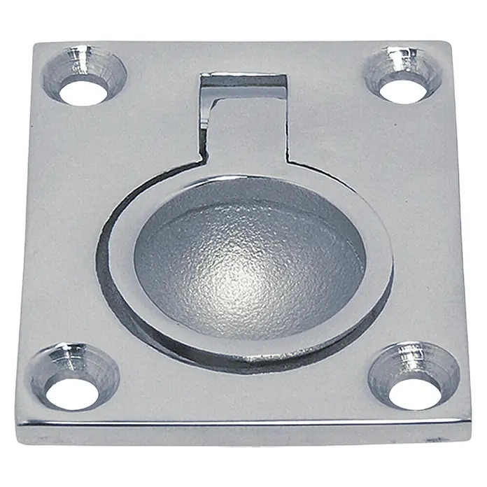 Marinetech Einlassgriff - 47 x 38 mm, Edelstahl - Quadratischer, versenkter Möbelgriff aus poliertem Edelstahl mit runder Griffmulde und vier Befestigungslöchern.