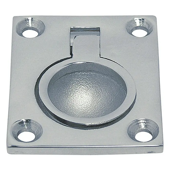 Marinetech Einlassgriff - 47 x 38 mm, Edelstahl - Quadratischer, versenkter Möbelgriff aus poliertem Edelstahl mit runder Griffmulde und vier Befestigungslöchern.