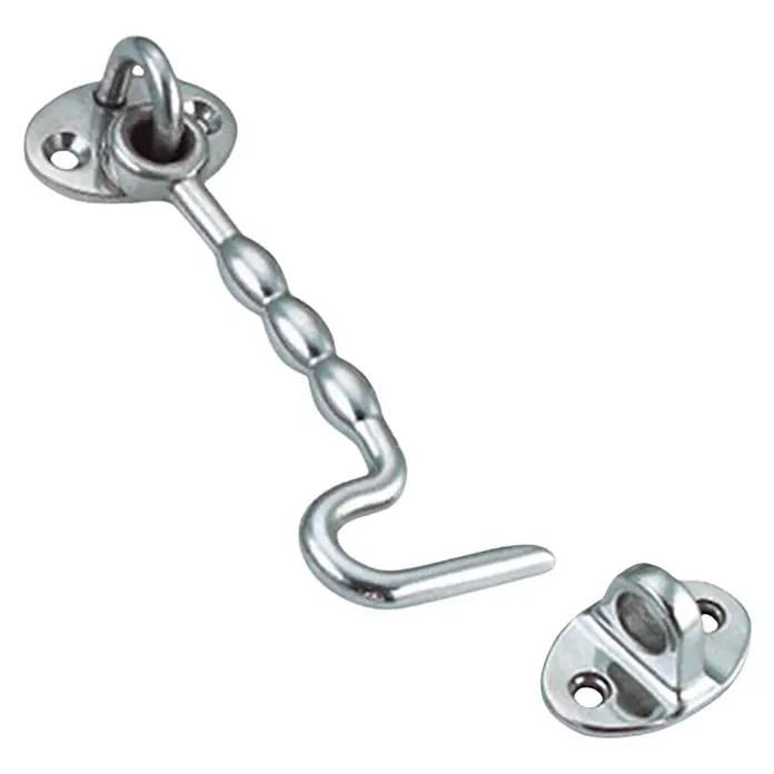 Marinetech Kabinenhaken - 100 x 37,5 mm, Edelstahl - Ein silberfarbener Kabinenhaken mit Öse und Gegenstück, ideal zur Sicherung von Türen und Fenstern. Robuster Verschluss für den Innen- und Außenbereich.