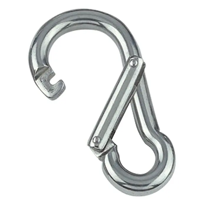 Karabinerhaken - Mit Spezialverschluss, Durchmesser: 8 mm, Länge: 80 mm, Edelstahl, A4, Poliert - Silberner Karabinerhaken mit Schnappverschluss für verschiedene Anwendungen, robust und zuverlässig.