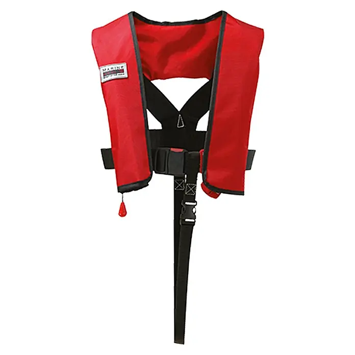 Marinepool Automatik-Rettungsweste Racer 180N - 180 N, Automat United Moulders MK2 Pro Sensor, 40 kg - Rote aufblasbare Rettungsweste mit schwarzen Akzenten und einem Auslösemechanismus.