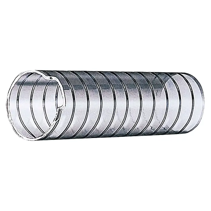 PVC-Schlauch Meterware - Innendurchmesser: 20 mm, Transparent - Das Bild zeigt eine flexible, spiralförmige Lüftungsleitung aus Metall, die sich ideal für verschiedene Belüftungsanwendungen eignet.