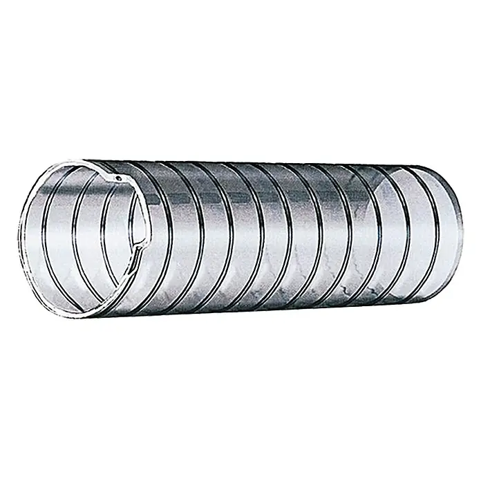 PVC-Schlauch Meterware - Innendurchmesser: 20 mm, Transparent - Das Bild zeigt eine flexible, spiralförmige Lüftungsleitung aus Metall, die sich ideal für verschiedene Belüftungsanwendungen eignet.