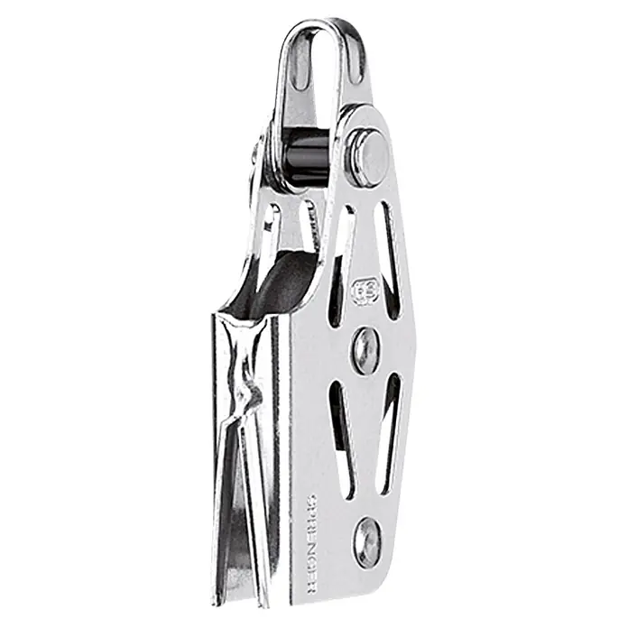 Sprenger Niederholerblock - 6 mm, 1 Rolle, Mit V-Klemme, Gleitlager, Hundsfott - Nahaufnahme eines polierten, silbernen Segelblocks mit Rolle und Öse, ideal für Segelboote und andere nautische Anwendungen.
