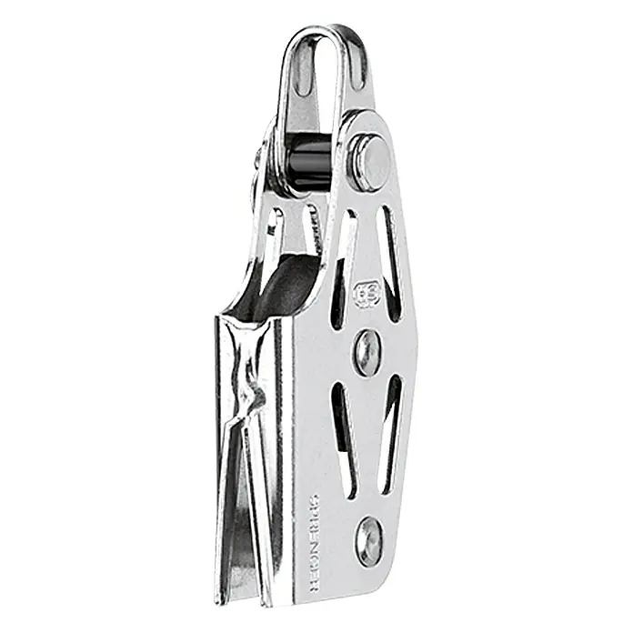 Sprenger Niederholerblock - 6 mm, 1 Rolle, Mit V-Klemme, Gleitlager, Hundsfott - Nahaufnahme eines polierten, silbernen Segelblocks mit Rolle und Öse, ideal für Segelboote und andere nautische Anwendungen.