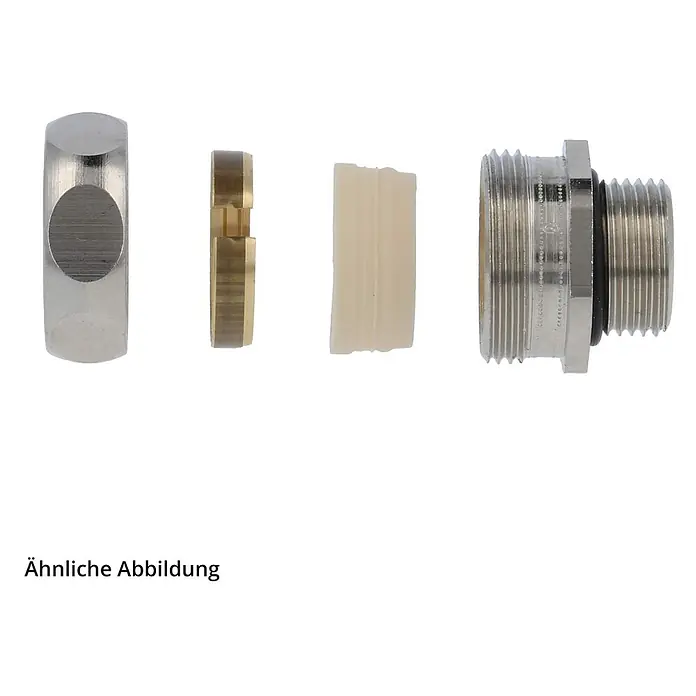 FLEXA RGE-M Metallverschraubung gerade für EMV-PA Gewinde M16x1,5 für -  - Zerlegte verchromte Klemmverschraubung mit Messingring, Kunststoffhülse und Gewindekörper.